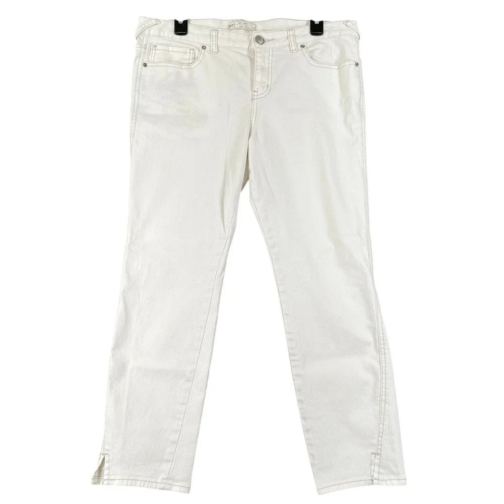 Free People Denim Pants Womens 31 White Herringbone Slit Hem Casual Jeans